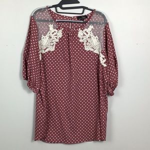 Dusty rose vintage inspired polka dot crochet Swiss dot detailed tunic length